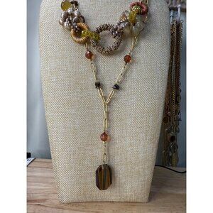 Two Necklaces With Pearls Beads & Tiger Eye Pendant Gold & Amber Tones 16"-18" A